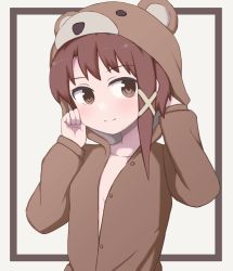 Rule 34 | 1girl, animal costume, asymmetrical hair, bear costume, brown eyes, brown hair, closed mouth, commentary, commission, hair ornament, hairclip, highres, iwakura lain, looking at viewer, nuclear cake, serial experiments lain, short hair, simple background, single sidelock, solo, x hair ornament