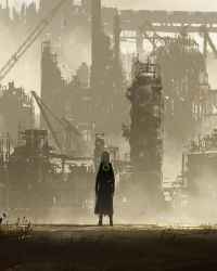 Rule 34 | 1girl, absurdres, asteroid ill, building, day, fog, green eyes, highres, iz (asteroid ill), long hair, looking at viewer, mechanical arms, neon trim, original, outdoors, ruins, scenery, single mechanical arm, solo, standing, very long hair, white hair, wide shot