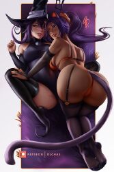 Rule 34 | 2019, 2girls, animal ears, ass, black thighhighs, blair (soul eater), bleach, boots, bra, cat ears, cat girl, cat tail, crossover, dark-skinned female, dark skin, halloween, hat, high heel boots, high heels, hot, lying, lying on person, multiple girls, olchas, orange bra, orange panties, panties, purple hair, shihouin yoruichi, soul eater, spread legs, tail, thigh boots, thighhighs, trait connection, underwear, white background, witch hat, yuri