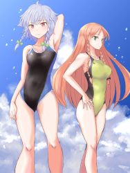 Rule 34 | 2girls, braid, breasts, cloud, competition swimsuit, day, green eyes, hong meiling, izayoi sakuya, jack (wkm74959), large breasts, long hair, multiple girls, one-piece swimsuit, red eyes, red hair, short hair, silver hair, sky, standing, swimsuit, touhou, water