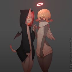 Rule 34 | 2girls, :q, backless outfit, bare arms, bare shoulders, black wings, blonde hair, blush, closed mouth, cowboy shot, dark-skinned female, dark skin, demon girl, demon horns, demon tail, demon wings, flat chest, glowing, grey background, groin, halo, holding hands, hood, hood up, hoodie, horns, interlocked fingers, interspecies, meme attire, multiple girls, naked hoodie, no bra, no panties, nose blush, orange eyes, original, pink hair, pointy ears, ribbed sweater, short hair, simple background, single horn, sleeveless, sleeveless turtleneck, sleeves past wrists, smile, standing, sweater, tail, thighs, tongue, tongue out, turtleneck, turtleneck sweater, unzipped, virgin killer sweater, watermark, web address, white sweater, wings, yuri, zhaoyebai, zipper pull tab