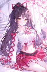 Rule 34 | 1girl, alllisso, artist name, belt, blurry, blurry background, blush, bow, commentary, commission, crop top, cropped jacket, cross-laced clothes, cross-laced sleeves, earrings, falling petals, flower, hand on own chest, highres, jacket, jewelry, long hair, long sleeves, looking at viewer, midriff, miniskirt, navel, original, parted lips, petals, pink flower, pleated skirt, red bow, red skirt, sitting, skirt, solo, stairs, very long hair, white jacket, yellow eyes, zipper pull tab
