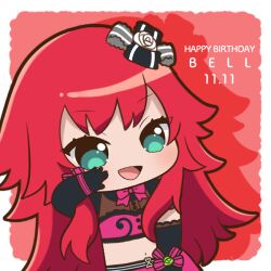Rule 34 | 1girl, :d, black gloves, border, character name, chibi, chii (chi pppuri), commentary request, cowboy shot, crop top, elbow gloves, gloves, green eyes, happy birthday, idol clothes, long hair, looking at viewer, midriff, open mouth, outside border, pink ribbon, pink skirt, pretty rhythm, pretty rhythm rainbow live, pretty series, red background, red hair, renjouji beru, ribbon, skirt, smile, solo, standing, very long hair, white border