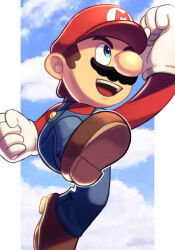 Rule 34 | 1boy, absurdres, arm up, blue eyes, brown hair, day, gloves, grin, hat, highres, jumping, male focus, mario, mario (series), nintendo, open mouth, overalls, silverchariotx, smile, solo, super mario bros. 1