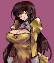 Rule 34 | 1990s (style), 1girl, agent aika, aika (series), breasts, brown eyes, brown hair, cleavage, cleavage cutout, clothing cutout, delmo, golden delmo, large breasts, long hair, purple background, retro artstyle, sania (agent aika), skj, solo