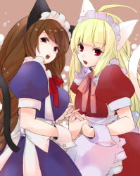 Rule 34 | 2girls, ahoge, animal ears, apron, bad id, bad pixiv id, blonde hair, blunt bangs, brown hair, cat ears, cat tail, fang, hidaka ryou, holding hands, in those days, interlocked fingers, long hair, looking at viewer, maid, maid apron, maid headdress, multiple girls, open mouth, red eyes, tail, waist apron, wrist cuffs