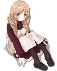 Rule 34 | 1girl, black footwear, black pantyhose, braid, cloud print, commentary, dd (ijigendd), dress, highres, kantai collection, light brown hair, loafers, long hair, long sleeves, looking at viewer, low twin braids, minegumo (kancolle), pantyhose, print dress, red eyes, red sweater, shoes, simple background, sitting, sleeveless, sleeveless dress, solo, sweater, turtleneck, turtleneck sweater, twin braids, white background