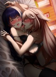 Rule 34 | 2girls, absurdres, animal ears, bare shoulders, bed sheet, bedroom, blush, bra, breasts, closed eyes, fox ears, garter straps, genshin impact, highres, holding another&#039;s wrist, holding hands, indoors, interlocked fingers, kcirta p, licking, licking another&#039;s neck, lingerie, long hair, lying, multiple girls, on back, on bed, one eye closed, open mouth, panties, pink hair, purple eyes, purple hair, raiden shogun, saliva, strap slip, thighhighs, tongue, tongue out, underwear, yae miko, yuri