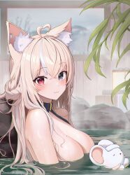 Rule 34 | 1girl, absurdres, ahoge, animal ear fluff, animal ears, blonde hair, breasts, cat ears, grey eyes, hair ornament, heart, heart ahoge, heterochromia, highres, large breasts, lee jooin, long hair, looking at viewer, mole, mole on breast, mouse (animal), multicolored hair, nude, onsen, partially submerged, red eyes, s bokdong, streaked hair, towel, towel on head, upper body, v-lup, virtual youtuber, white hair