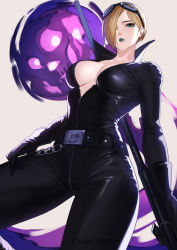 Rule 34 | 1girl, absurdres, aqua eyes, aqua lips, belt, belt buckle, biker clothes, bikesuit, black bodysuit, black gloves, blonde hair, bodysuit, breasts, buckle, chain, cleavage, collarbone, cowboy shot, crotch zipper, eyeliner, falke (street fighter), gloves, goggles, goggles on head, hair over one eye, high collar, highres, kagematsuri, large breasts, lipstick, makeup, official alternate costume, partially unzipped, revision, simple background, skin tight, solo, street fighter, street fighter v, twitter username, white background, zipper