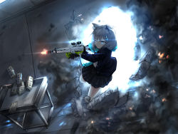 Rule 34 | 1girl, absurdres, aimpoleume, animal ear fluff, animal ears, assault rifle, banknote, blue archive, blue eyes, blue jacket, blue necktie, blue scarf, broken wall, cat ears, closed mouth, commentary request, cross hair ornament, explosion, feet out of frame, firing, gloves, green gloves, grey hair, gun, hair ornament, halo, high-waist skirt, highres, holding, holding gun, holding weapon, indoors, jacket, light, long sleeves, medium hair, money, necktie, one eye closed, open clothes, open jacket, plaid, plaid skirt, pleated skirt, rifle, scarf, school uniform, serious, shiroko (blue archive), shirt, shirt tucked in, sig sauer 556, skirt, solo, weapon, white shirt