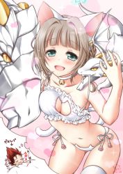 Rule 34 | 1boy, 1girl, :d, animal ears, aqua eyes, bell, neck bell, blush, breast press, breasts, brown hair, cat ears, cat lingerie, cat tail, choker, cleavage, cleavage cutout, clothing cutout, dragon, dreaming, ekuseria, jingle bell, looking at viewer, meme attire, mori marimo, navel, open mouth, panties, red hair, shironeko project, short hair, side-tie panties, sleeping, smile, tail, thighhighs, underwear, white panties