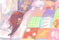 Rule 34 | 1girl, 44insects, alarm clock, bed, bedroom, blush, carrot print, clock, closed mouth, colored skin, colorful, floral print, food print, hair spread out, horns, indoors, kiwi (insects), lamp, long hair, looking at viewer, lying, monster girl, no lineart, no nose, on bed, on side, original, pillow, plaid, quilt, red horns, red skin, sketch, smile, solo, stuffed animal, stuffed rabbit, stuffed toy, under covers