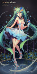 Rule 34 | 1girl, absurdly long hair, artist name, atdan, bad id, bad pixiv id, bug, butterfly, center opening, dress, feet, flower, green eyes, green hair, hair flower, hair ornament, hatsune miku, high heels, highres, insect, long hair, matching hair/eyes, md5 mismatch, microphone, nail polish, sandals, shoes, solo, toeless footwear, toes, twintails, very long hair, vocaloid