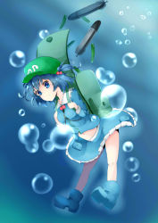 Rule 34 | 1girl, absurdres, aqua eyes, backpack, bag, black hair, blue eyes, blue footwear, blush, boots, bubble, chestnut mouth, cucumber, dress, food, fruit, full body, hair bobbles, hair ornament, hat, highres, kawashiro nitori, key, long sleeves, looking at viewer, midriff, missile, navel, pocket, rubber boots, shirt, shisu, shisuo, short hair, skirt, skirt set, solo, touhou, two side up, underwater, vegetable, wet, wet clothes