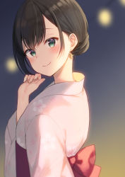 Rule 34 | 1girl, back bow, black hair, bow, closed mouth, commentary, earrings, floral print, green eyes, hair bun, hand up, head tilt, japanese clothes, jewelry, kimono, long sleeves, looking at viewer, looking to the side, midorikawa you, obi, original, print kimono, red bow, sash, single hair bun, smile, solo, star (symbol), star earrings, symbol-only commentary, upper body, white kimono, wide sleeves