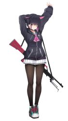 Rule 34 | 1girl, :/, absurdres, animal ears, arm behind head, arms up, black choker, black hair, black jacket, black sailor collar, blue archive, bob cut, bren lmg, brown pantyhose, choker, colored inner hair, food-themed hair ornament, full body, gun, hair ornament, highres, hood, hooded jacket, ice cream hair ornament, invisible floor, jacket, kazusa (blue archive), kuyoumi, light machine gun, looking at viewer, miniskirt, multicolored footwear, multicolored hair, neckerchief, one eye closed, pantyhose, pink hair, pink neckerchief, pleated skirt, red eyes, sailor collar, shoes, short hair, sidelocks, simple background, skirt, sleeves past wrists, sneakers, solo, standing, two-tone hair, weapon, white background, white skirt