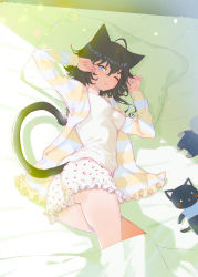 Rule 34 | 1girl, ;o, absurdres, ahoge, animal ears, arm up, arutera, ass, bad id, bad pixiv id, bed, bed sheet, black hair, blanket, bloomers, blue eyes, blush, breasts, cat ears, cat girl, cat tail, cherry print, colored stripes, commentary request, food print, frills, hair between eyes, hand up, highres, jacket, long hair, long sleeves, looking at viewer, lying, medium breasts, multicolored hair, on bed, on side, one eye closed, open clothes, open jacket, open shirt, original, panties, parted lips, pillow, shirt, solo, streaked hair, striped clothes, striped jacket, striped shirt, stuffed animal, stuffed cat, stuffed toy, tail, thighs, twisted torso, underwear, waking up, white panties, white shirt