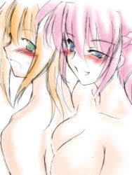 Rule 34 | 1boy, 1girl, artist request, blonde hair, blush, breasts, censored, cleavage, convenient censoring, green eyes, long hair, lyrical nanoha, mahou shoujo lyrical nanoha, mahou shoujo lyrical nanoha a&#039;s, nude, pink hair, ponytail, signum, smile, soap, yuuno scrya