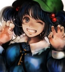 Rule 34 | 1girl, bloom, blue hair, blurry, claw pose, depth of field, fingernails, frilled shirt collar, frills, grin, hair bobbles, hair ornament, hands up, hat, highres, inoe (noie), kawashiro nitori, looking at viewer, one eye closed, simple background, smile, touhou, two side up, white background