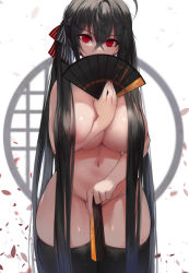 Rule 34 | 1girl, absurdly long hair, absurdres, ahoge, areola slip, azur lane, black hair, breast press, breasts, censored, censored nipples, commentary request, convenient censoring, covering own mouth, cowboy shot, crossed bangs, curvy, folded fan, folding fan, groin, hair between eyes, hair censor, hand fan, has bad revision, has downscaled revision, highres, holding, holding fan, large areolae, large breasts, long hair, looking at viewer, md5 mismatch, navel, petals, red eyes, resolution mismatch, shiny skin, skindentation, solo, source smaller, taihou (azur lane), thick thighs, thighhighs, thighs, torriet, twintails, very long hair, window