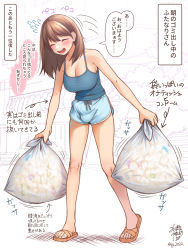 Rule 34 | 1girl, blush, breasts, brown hair, bulge, cleavage, condom, covered testicles, daisy mitsumata, dolphin shorts, erection, erection under clothes, futanari, highres, large breasts, multiple condoms, open mouth, original, sandals, shorts, slippers, solo, speech bubble, testicles, tissue, translated, trash bag