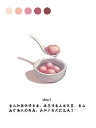 Rule 34 | bowl, chinese text, commentary request, english text, food, food focus, jiangjiang huibuhui, mixed-language text, no humans, original, procreate (medium), spoon, still life, tangyuan, translation request