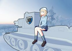 Rule 34 | 1girl, absurdres, blonde hair, blue eyes, breasts, bt-42, caterpillar tracks, commentary request, emblem, evening, forest, gilijim, girls&#039; frontline, girls und panzer, hat, highres, huge filesize, keizoku (emblem), keizoku military uniform, military, military vehicle, motor vehicle, nature, sitting, sky, smile, snow, solo, suomi (girls&#039; frontline), tank, tree