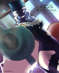 Rule 34 | 1girl, amputee, arm cannon, black dahlia, cape, character name, cyborg, dress, dutch angle, fur hat, grenade launcher, gun, hand on own hip, hat, highres, prosthesis, prosthetic arm, skullgirls, smile, smoke, smoking barrel, solo, weapon, white hair