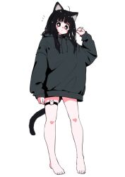 Rule 34 | 1girl, animal ear fluff, animal ears, arm up, bare legs, barefoot, black eyes, black hair, blush, blush stickers, bright pupils, cat ears, cat girl, cat tail, cat thigh strap, commentary request, dot mouth, full body, grey hoodie, highres, hood, hoodie, legs, looking at viewer, megateru, nose blush, notice lines, original, solo, surprised, tail, thigh strap, white background, white pupils