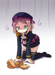 Rule 34 | 10s, 1girl, all fours, black footwear, boots, broken, brown hair, commentary request, cup, depressed, epaulettes, gradient background, green eyes, hat, hat ribbon, kira tsubasa, long sleeves, love live!, love live! school idol project, mug, prostration, ribbon, shaded face, shipii (jigglypuff), shocking party, short hair, solo, tears, thigh boots, thighhighs