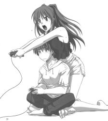 Rule 34 | 00s, 1boy, 1girl, blush, breast rest, breasts, breasts on head, controller, artistic error, game console, game controller, gamepad, greyscale, kousaka tamaki, monochrome, playing games, playstation 2, simple background, to heart (series), to heart 2, tsutsumi akari, video game