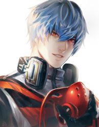 Rule 34 | 1boy, black gloves, blue hair, gas mask, general (module), gloves, hair between eyes, headphones, highres, holding, holding mask, iroai midodo, jacket, kaito (vocaloid), looking at viewer, male focus, mask, mouth mask, open mouth, red eyes, short hair, smile, vocaloid, white background