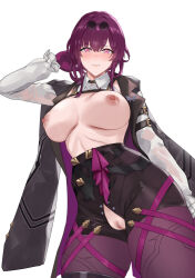 Rule 34 | 1girl, arm belt, black jacket, black shorts, blazingchaos, blush, boots, breasts, censored, contrapposto, eyewear on head, gloves, high-waist shorts, highres, honkai: star rail, honkai (series), jacket, jacket on shoulders, kafka (honkai: star rail), large breasts, long hair, long sleeves, looking at viewer, mosaic censoring, nipples, nose blush, open clothes, open shirt, open shorts, pantyhose, pantyhose under shorts, purple eyes, purple gloves, purple hair, purple pantyhose, pussy, round eyewear, shirt, shorts, simple background, single thigh boot, smile, solo, sunglasses, thigh boots, white background, white shirt, wing collar