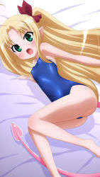Rule 34 | 1girl, absurdres, ahoge, astarotte ygvar, blonde hair, blue one-piece swimsuit, competition school swimsuit, demon tail, fang, from above, from side, green eyes, highres, indoors, knees together feet apart, long hair, lotte no omocha!, narrow waist, one-piece swimsuit, parted bangs, pointy ears, school swimsuit, solo, sugimura tomokazu, surprised, swimsuit, tail, thighs, twintails, two side up, very long hair, wide-eyed