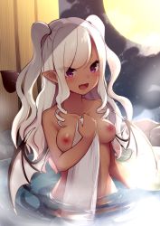 Rule 34 | 1girl, :d, blush, bow, breasts, collarbone, dark-skinned female, dark skin, demon girl, demon tail, demon wings, fang, full moon, hair bow, long hair, looking at viewer, medium breasts, moon, night, nipples, nude, onsen, open mouth, original, partially submerged, pointy ears, purple eyes, sei000, sidelocks, sky, smile, solo, star (sky), starry sky, steam, tail, towel, two side up, water, wet, white hair, wings