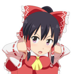 Rule 34 | 1girl, anime coloring, ascot, black hair, bow, cato (monocatienus), commentary request, detached sleeves, frilled bow, frills, hair bow, hair tubes, hakurei reimu, hands on own hips, leaning forward, looking at viewer, open mouth, pink eyes, red bow, ribbon-trimmed sleeves, ribbon trim, simple background, solo, standing, touhou, v-shaped eyebrows, white background, yellow ascot