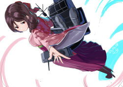 Rule 34 | 1girl, boots, bow, brown hair, drill hair, dutch angle, from above, gegeron, hair bow, hakama, harukaze (kancolle), high heel boots, high heels, highres, japanese clothes, kantai collection, machinery, meiji schoolgirl uniform, red bow, red eyes, red hakama, solo, wide sleeves