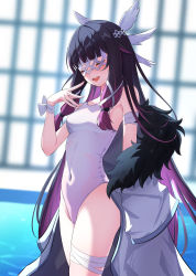 Rule 34 | 1girl, absurdres, bare shoulders, black hair, blunt bangs, blush, breasts, closed eyes, coat, cocoablue23, columbina (genshin impact), commentary request, covered navel, fur trim, genshin impact, hand up, highres, long sleeves, multicolored hair, one-piece swimsuit, parted lips, purple hair, school swimsuit, small breasts, smile, solo, swimsuit, thighs, white coat, white one-piece swimsuit