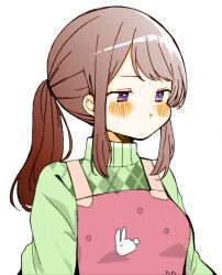 Rule 34 | 1girl, :t, alpha transparency, alternate hair color, apron, argyle, argyle clothes, argyle sweater, arms at sides, averting eyes, blush, brown hair, colorized, commentary, dot nose, english commentary, green sweater, half updo, kubo-san wa mob wo yurusanai, kubo nagisa, long hair, looking to the side, pink apron, ponytail, pout, purple eyes, sidelocks, solo, sweater, swept bangs, third-party edit, turtleneck, turtleneck sweater, upper body, we cry open, yukimori nene