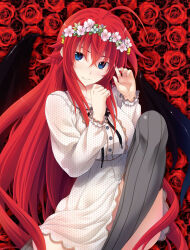 Rule 34 | 1girl, artist name, barefoot, blue eyes, body blush, breasts, feet, female focus, floral background, high school dxd, large breasts, legs, miniskirt, nail polish, red hair, rias gremory, skirt, solo, thighs, toenail polish, toenails, toes