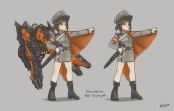 Rule 34 | 2girls, artist name, boots, brown eyes, brown hair, cape, de.calvin, full body, grey background, hat, long sleeves, military, military hat, military uniform, multiple girls, onslaught (starsector), peaked cap, personification, sheath, sheathed, short hair, standing, starsector, sword, uniform, weapon