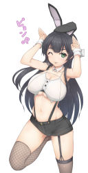 Rule 34 | 10s, 1girl, ;p, agano (kancolle), alternate costume, animal ears, asymmetrical legwear, black hair, blush, breasts, cleavage, curvy, fake animal ears, female focus, fishnet thighhighs, fishnets, garter straps, green eyes, hair ornament, highres, kantai collection, large breasts, long hair, looking at viewer, midriff, navel, one eye closed, rabbit ears, rabbit hair ornament, rabbit pose, short shorts, shorts, simple background, smile, solo, standing, standing on one leg, suspenders, thighhighs, tongue, tongue out, underboob, uneven legwear, urigarasu, white background, wide hips, wrist cuffs