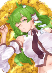 Rule 34 | 1girl, antenna hair, blush, breasts, brown necktie, collared shirt, commentary request, covered erect nipples, detached sleeves, frog hair ornament, ginkgo leaf, green eyes, green hair, hair ornament, half-closed eyes, highres, kei jiei, kochiya sanae, large breasts, leaf, long hair, looking at viewer, medium bangs, navel, necktie, one eye closed, open mouth, see-through, shirt, single hair tube, sleeveless, sleeveless shirt, snake hair ornament, solo, touhou, upper body, white shirt, white sleeves