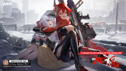 Rule 34 | anti-materiel rifle, black gloves, breasts, bullpup, cellphone app, character request, cleavage, fingerless gloves, gloves, goddess of victory: nikke, gun, hair between eyes, highres, holding, holding gun, holding weapon, horns, jacket, large breasts, long hair, navel, official art, open clothes, red hair, red hood (nikke), red scarf, rifle, scarf, smile, sniper rifle, snow white (innocent days) (nikke), snow white (nikke), unzipped, weapon, white hair, yellow eyes