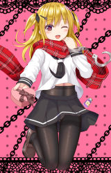 Rule 34 | 1girl, ;d, black neckerchief, black pantyhose, black ribbon, black skirt, blush, bottle, box, brown footwear, chain, commentary request, cuffs, gift, gift box, hair between eyes, hair ornament, hair ribbon, hairclip, handcuffs, heart-shaped box, holding, holding gift, loafers, long hair, long sleeves, midriff peek, neckerchief, one eye closed, open mouth, original, outstretched arm, panties, panties under pantyhose, pantyhose, pink background, plaid, plaid scarf, pleated skirt, polka dot, polka dot background, red eyes, red scarf, revision, ribbon, scarf, school uniform, serafuku, shirt, shoes, skirt, skull hair ornament, sleeves past wrists, smile, solo, thighband pantyhose, tukino neru, two side up, underwear, white shirt
