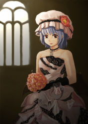 Rule 34 | 1girl, alternate costume, amibazh, bat wings, blue hair, bouquet, dress, elbow gloves, flower, frilled dress, frills, gloves, hat, highres, jewelry, looking at viewer, mob cap, necklace, red eyes, remilia scarlet, short hair, smile, solo, strapless, strapless dress, touhou, wedding dress, wings