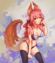 Rule 34 | 10s, 1girl, animal ears, bra, breasts, fate/extra, fate (series), fox ears, fox tail, gradient background, highres, panties, pink hair, side-tie panties, softmode, solo, tail, tamamo (fate), tamamo no mae (fate/extra), thighhighs, underwear, underwear only