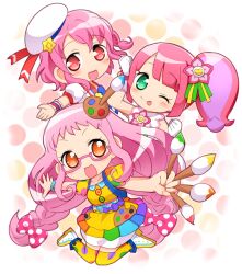 Rule 34 | 1boy, 2girls, :d, ;p, bow, braid, chibi, color connection, commentary request, crossdressing, dress, flower, full body, glasses, green eyes, hair bow, hair flower, hair ornament, hat, holding, holding paintbrush, idol clothes, kanon (pripara), kiki ajimi, long hair, looking at viewer, mole, mole under eye, multicolored hair, multiple girls, nohoshio, one eye closed, open mouth, paintbrush, paintbrush hair ornament, palette hair ornament, pink-framed eyewear, pink eyes, pink flower, pink hair, polka dot, polka dot bow, pretty series, pripara, puffy short sleeves, puffy sleeves, purple hair, reona west, sailor hat, shirt, short hair, short sleeves, side ponytail, smile, standing, streaked hair, tongue, tongue out, trap, twin braids, white hat, white shirt, yellow dress