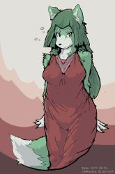 Rule 34 | 1girl, copyright request, covered erect nipples, dog, furry, furry female, green hair, long hair, paru, simple background, solo